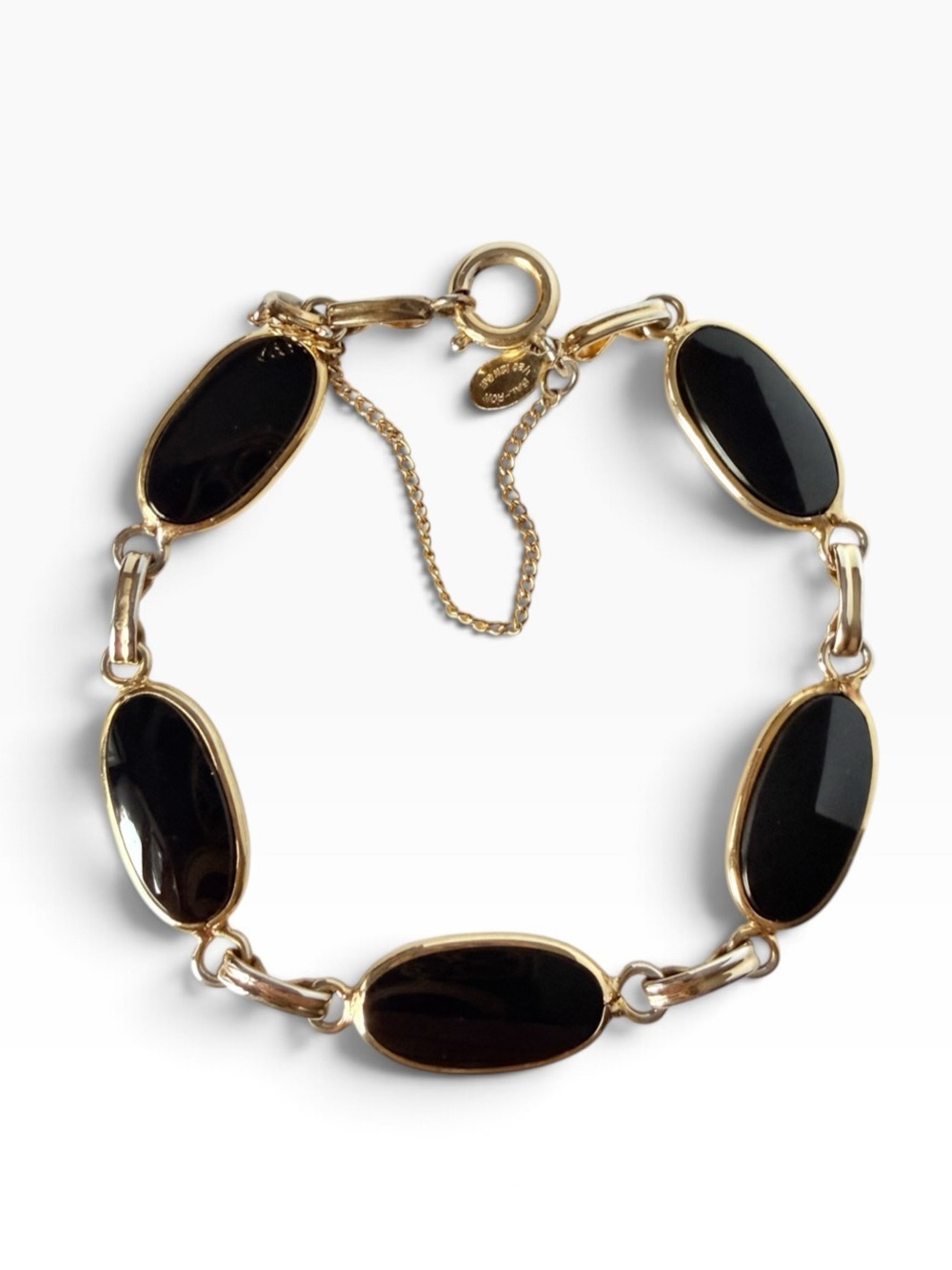 Vintage Bal-Ron Oval Black Onyx 12K Gold Filled Link Bracelet 6 3/4”
